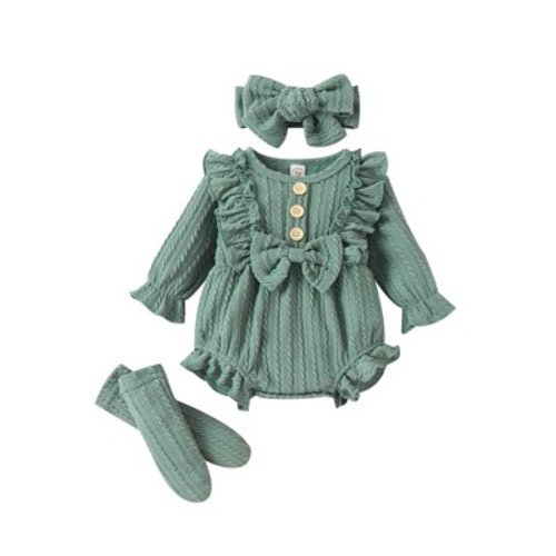 Qtinghua 3Pcs Newborn Baby Girls Fall Winter Clothes Long Sleeve Button Front Ruffle Romper+Socks+Headband Set Green 9-12 Months