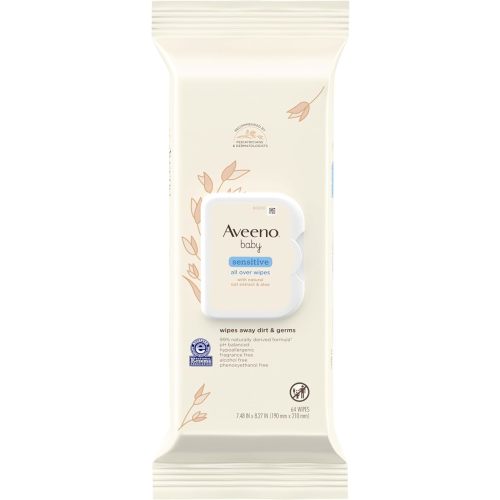 Aveeno Baby Sensitive All Over Wipes with Aloe & Natural Oat Extract for Face, Bottom, Hands & Body, pH-Balanced, Hypoallergenic, Fragrance-, Phenoxyethanol- & Alcohol-Free, 64 ct