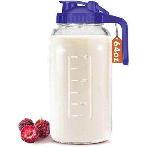 64oz Mason Jars Breast Milk Pitcher with Pour Spout and Lid, 2 Quart Glass Water Jug with Airtight Seal for Iced Tea, Juice, Milk, Coffee, Lemonade – Blue, 1 Pack
