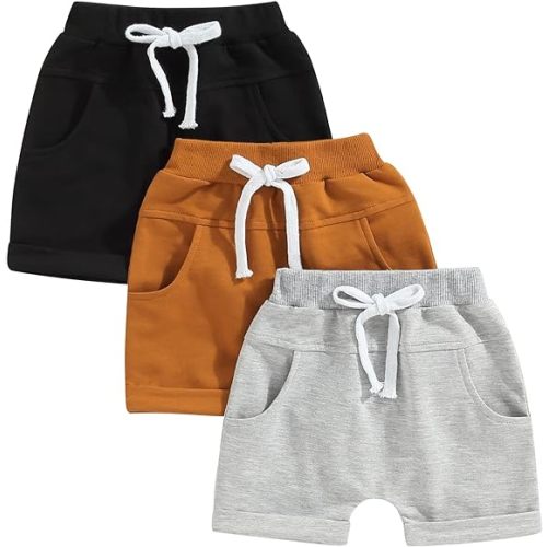 BHMAWSRT Infant Baby Boy Summer Shorts 3-Pack Toddler Shorts Boys Solid Color Newborn Soft Sweat Shorts with Drawstring
