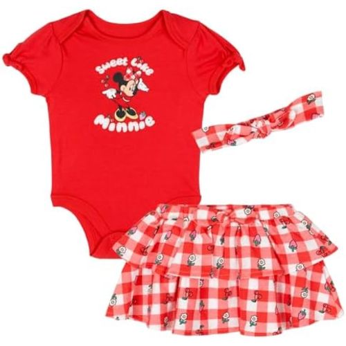 Disney Minnie Mouse Baby Girls Bodysuit, Skirt and Headband 3 Piece Outfit Set Newborn to Infant Sizes (Newborn - 24 Months)