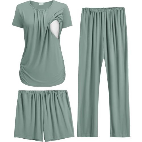 Ekouaer Maternity Nursing Pajamas Set 3 Piece Postpartum Lounge Breastfeeding Pjs Pregnancy Shorts & Pants S-XXL