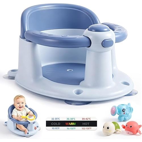 Baby Bath Seat for Babies 6 Months & Up, Temperature Alert Baby Bathtub Seat for Babies Sitting Up, Non-Slip Toddler Bath Chair, Ergonomic Backrest Infant & Newborn Bath Tub Seats with 3 Bath Toys