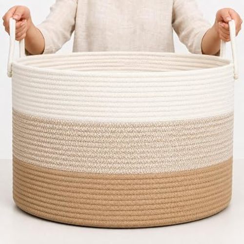 OrganiHaus Round Toy Basket & Blanket Basket, Cotton Rope 20x13"