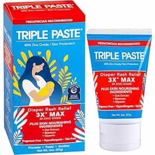 Triple Paste 3X Max Diaper Rash Ointment, Maximum Strength with 40% Zinc Oxide Ointment for Severe Diaper Rash, 2 oz Tube