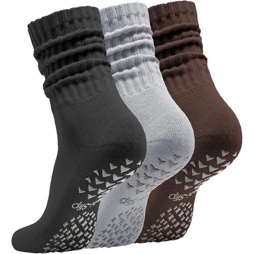 Women’s Pilates Socks with Grips – 3 Pairs Scrunch Crew Non-Slip Yoga Barre Workout Hospital Slipper Slouch Socks
