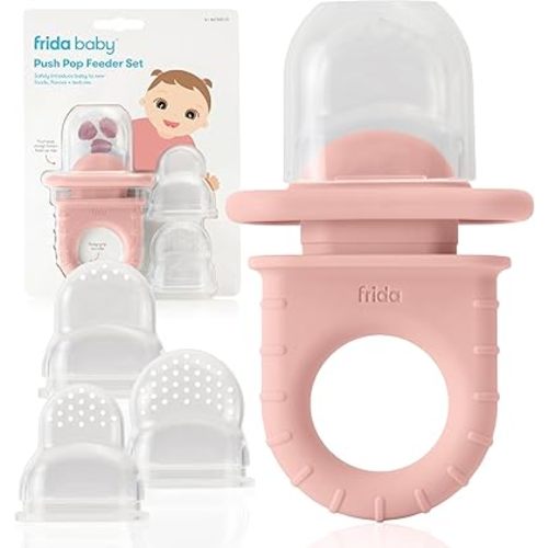 Frida Baby Push Pop Feeder, Baby Fruit Feeder, Baby Fruit Food Feeder to Safely Introduce New Foods, Fresh + Frozen Food Silicone Feeder for Babies, BPA Free, Dishwasher Safe | 3 Count, Pink