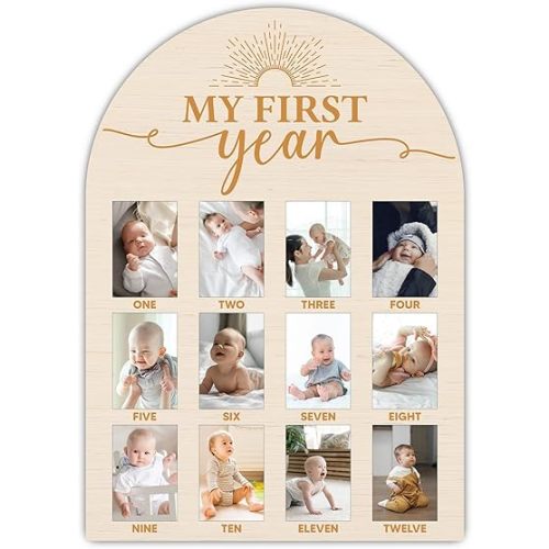 SIXEIGHT One Year Of Wood Photo Board, My First Year Milestone Photo Board, 12 Monthly Baby Picture Frame, One In The Sun Nursery Decor, Girl Boy 1st Birthday Decorations, Baby Keepsake Best Gift-A12