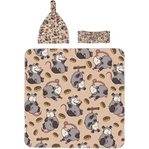 Cartoon Possum Swaddle Blanket for Newborns Baby Swaddle with Headband and Matching Hat Set New Born Coming Home Outfit Infant Shower Gift for 0-6 Months