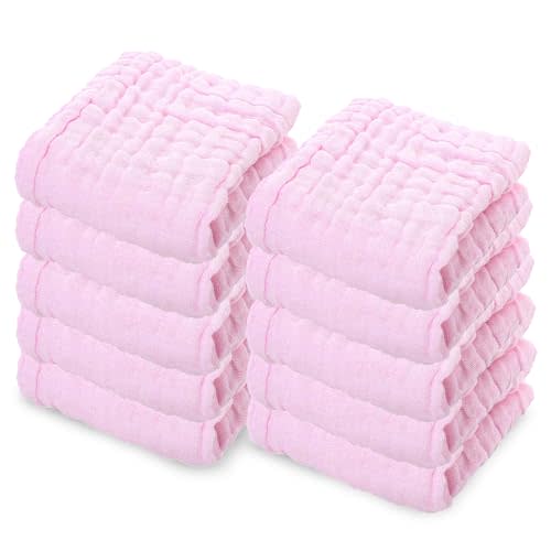 Dream Picks 10 Pack Soft Muslin Unisex Baby Washcloths for Daily Use, 100% Cotton Set for Delicate Skin. Soft and Super Absorbent, Newborn Baby Essentials and Baby Registry,12x12 Inches (Pink)