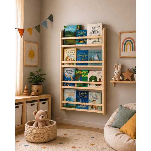Montessori Wall Bookshelf, 4 Shelves Wooden Kids Book Display, Nursery Wall Shelf
