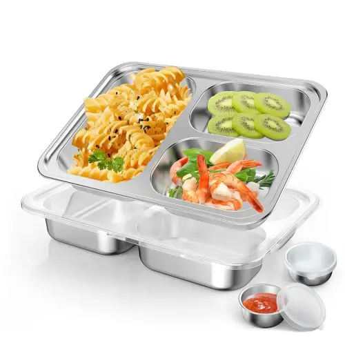 Stainless Steel Divided Plate for Kids Toddler, Non Toxic Portion Control Plate Dinner Plate with Lid for Adults Weight Loss, 2 Pack 3 Sections Rectangular Snack Plate Tray