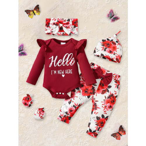 MORTTIC Adorable Newborn Baby Girl 'Hello I'm New Here' Romper Set Includes Floral Pants, Hat, Headband, & Coming Home Outfit Perfect for Newborn Photoshoots