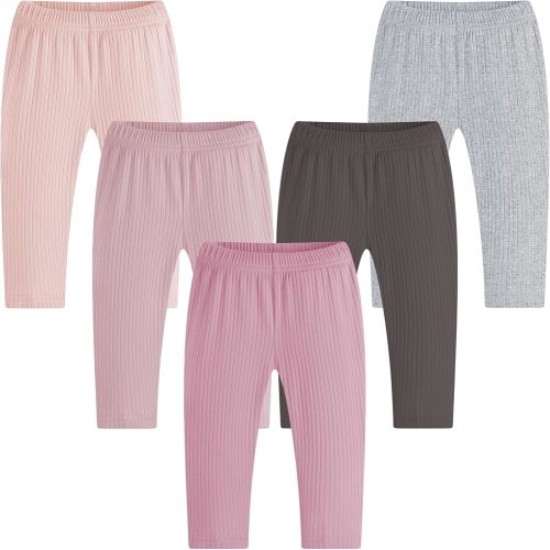 MEYSAHO Newborn Infant Girls Pants Baby Girls' 5-Pack Pant Cotton Solid Ribbed Pants Girls Bottoms Pull On Leggings Joggers Dark Gray Rose Pink 0 6 Month