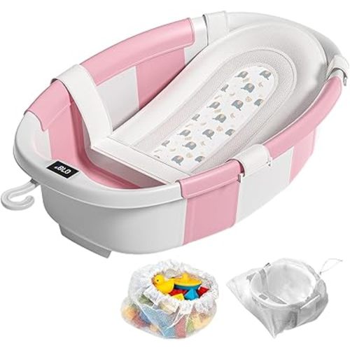 Collapsible Baby Bathtub, Baby Tubs for Newborns with Soft Cushion & Thermometer & Toy Organizer Mesh Bag, Infant Bathtub to Toddler 0-36 Months, Portable Travel Newborn Baby tubs
