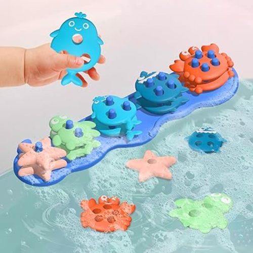 Toddler Bath Toys, Premium Silicone Mold Free Ocean Animal Shape Sorting & Stacking Baby Bath Toys, No Hole Bathtub Floating Toys Gift for Boys Girls, Early Learning Sensory Water Toys, Bathtime Fun