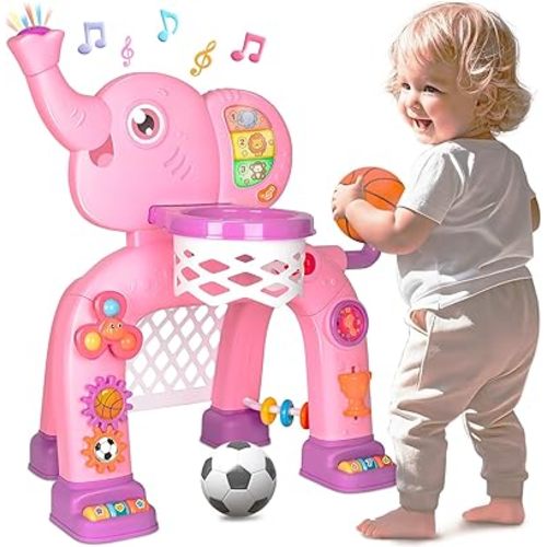 Toddler Basketball Hoop & Soccer Goal, Toys for 1 2 3 Year Old Boys Girls, Kids Sports Toy with Light Sound Music, Montessori Toys for Baby 12-18 Months, Christmas Birthday Gifts for Ages 1-3(Pink）