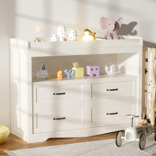 Baby Dresser Changing Table with 4 Drawers 47.2" Diaper Changing Tables for Nursery with 1 Open Shelf and LED Light Changing Station Nursery Organizer for Bedroom Beige