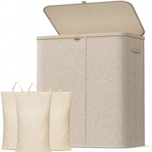 Lifewit 185L 3 Section Laundry Hamper with Lid, Large Laundry Basket with Handles and Removable Bags, Tall Clothes Hamper, Foldable Laundry Sorter for Bedroom Bathroom, Beige