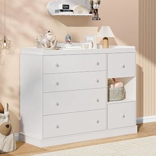 Kids Dresser Cabinet with 6 Drawers, Changing Table for Nursery with Shelf, Multi-Functional Chest of Drawers, Kids Bedroom Furniture, Nightstand for Children's Room, White