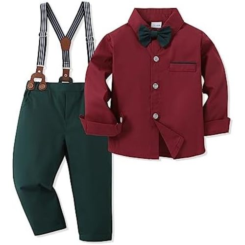 ZOEREA Toddler Baby Boy Suit Clothes Gentleman Wedding Outfits Long Sleeve Dress Shirt + Suspender Pants + Bowtie 1-5T