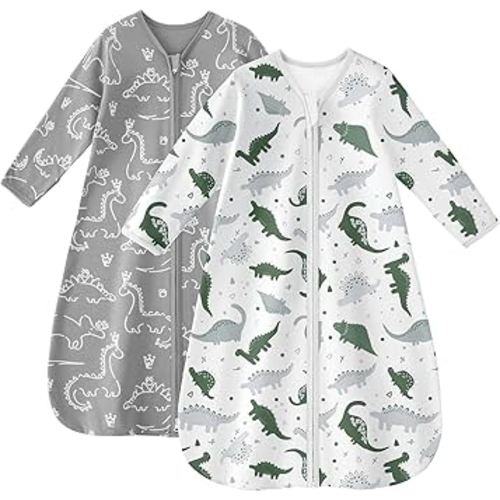 Baby Sleep Sack 12-18 Months 100% Cotton Long Sleeve Wearable Blanket Baby Sleep Bag with 2-Way Zipper 2 Pack 0.5 Tog Sleeping Sack for Newborn Infant Gray White Dinosaur