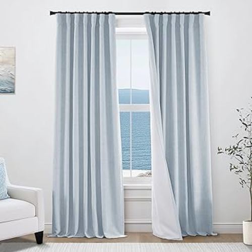PANELSBURG Sky Blue Curtains 96 Inch for Living Room 2 Panel Set,Blackout Room Darkening Pleated Hooks Back Tab Linen Black Out Sound Proof Curtains for Bedroom 96 Inches Long,Baby Light Blue