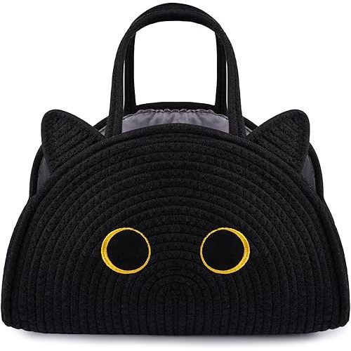 Black Cat Baby Diaper Caddy Organizer, Cute Cat Woven Cotton Rope Basket for Nursery, Portable Caddy Empty Gift Basket, Large Bag Baby Shower Towels Wipes for Newborn Essentials Storage Bins