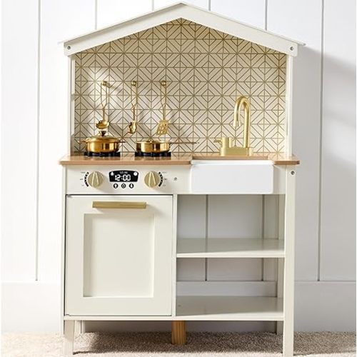 Best Choice Products Pretend Play Wooden Farmhouse Kitchen Set for Kids w/Toy Storage, Clicking Knobs, Windows, 5 Accessories Included - Cream