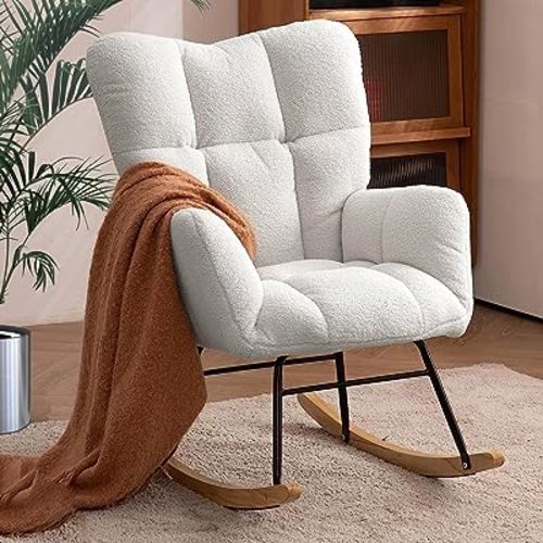 Nursery Rocking Chair, Teddy Upholstered Glider Rocker with High Backrest Armchair, Modern Rocking Accent Chairs for Nursery, Living Room, Bedroom, Offices (Ivory)