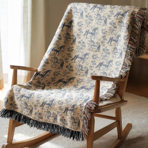 Horse Toile Woven Blanket, Vintage Style Horse Lover Equestrian Gift Blue French Toile Horse Tapestry Throw Blanket, French Country Throw