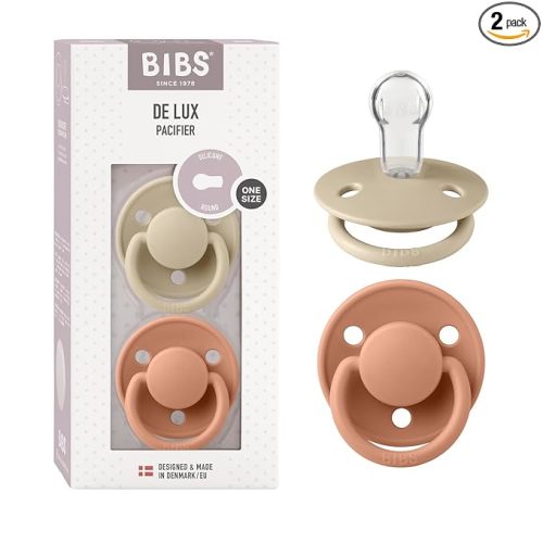 BIBS De Lux Baby Pacifier 2-Pack | Made in Denmark | BPA Free Dummy Soother, Round Nipple. Silicone, OneSize (0-36 Months), Vanilla/Peach