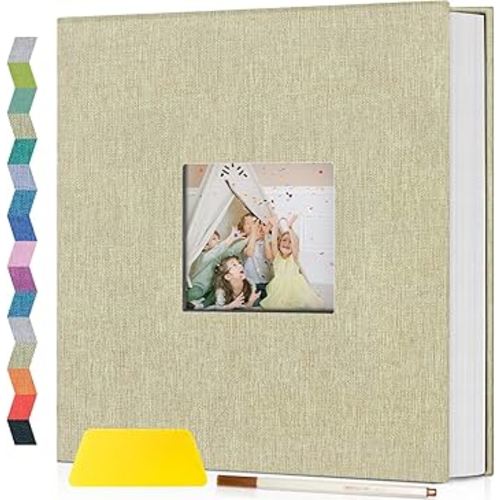 popotop Photo Album Self Adhesive with Picture Display Window,40 Pages DIY Scrapbooking Supplies Kit for 4x6 8x10 Picture,Linen Cover Memory Book for Baby Wedding, with Scraper and Metallic Pen