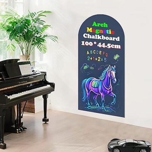 Magnetic Arch Wall Decal 39.3"x17.5" Chalkboard Contact Paper Peel and Stick Self Adhesive Magnetic Wall Board Sticker with 36 Magnet Letters for Kid Chalk Board Wallpaper Roll (Dusty Blue)