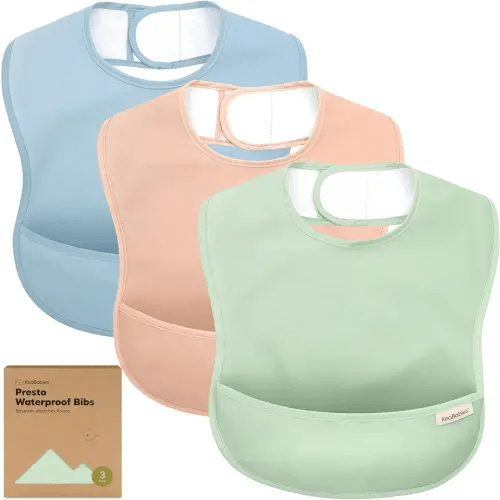 3-Pack Waterproof Baby Bibs for Eating - Lightweight Toddler Feeding Bibs with Large Food Catcher, Mess Proof, Food-Grade Baby Eating Essentials, Easy to Put On & Clean (Mellow)