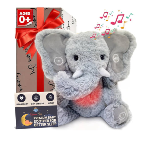 Gemma Joy Bedtime Baby Soothers for Sleep, Cry Activated Heartbeat Stuffed Animal for Baby, Newborn, Calming Light, Lullaby Music, White Noise, Shush and Mother’s Heartbeat - (Elephant, Rechargeable)