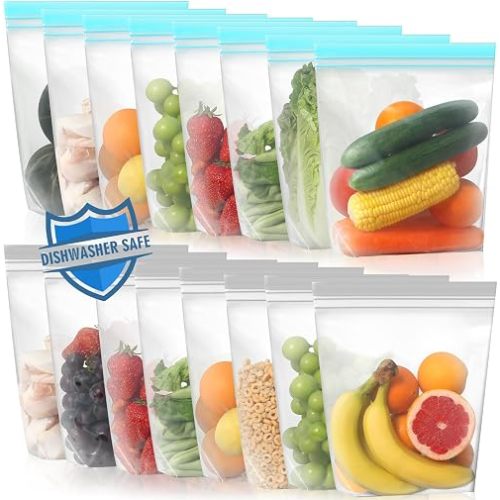 16 Pack Stand Up Reusable Gallon Freezer Bags, Dishwasher Safe