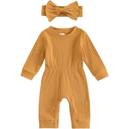 Winioder Newborn Baby Girl Fall Clothes Ribbed Long Sleeve Romper Jumpsuit with Headband Infant 2Pcs Coming Home Outfit