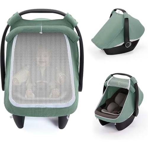 Amazon.com: Blissful Diary Muslin Baby Car Seat Cover, Infant Canopy, Roman Green | Breathable Large Mesh Window, 360° fits most seats, Windproof, Easy baby access, Baby must have & essentials, Newborn gift