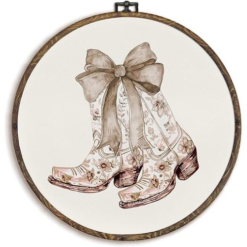KFXHANGD Beige Cowgirl Bow Round Wall Art Framed, Cowgirls Wall Decor, Vintage Cowgirl Boot Canvas Wall Art Decor, Coquette Cowgirl Hanging Wall Decor for Teen Girls Dorm Room Bathroom, 10x10In