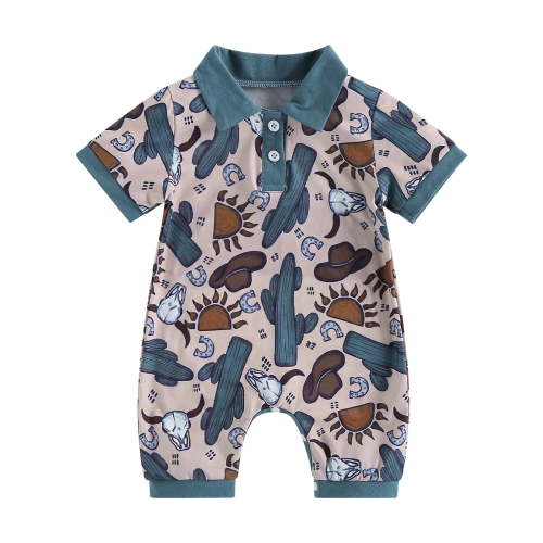 Western Baby Boy Summer Infant Cow Print Polo Romper Shorts Jumpsuit One Piece Outfits Cowboy Country Clothing 3 6 12 18 Months