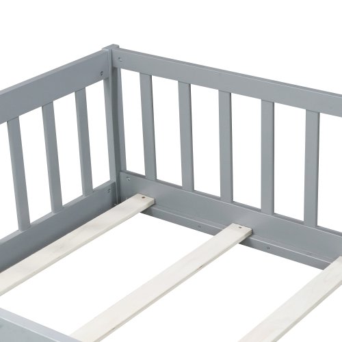 Toddler Floor Bed with Fence and Door, Montessori Platform Floorbed with Safety Guardrails for Children Boys Girls Kids Playroom