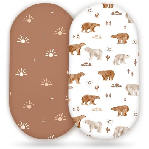 GRSSDER Stretchy Ultra Soft Bassinet Sheet 2 Pack, Universal Fit for Bassinets Baby Cradle Moses Basket Oval Rectangle Mattress or Changing Table Pad Safe and Snug, Stylish Print of Sunny Bear