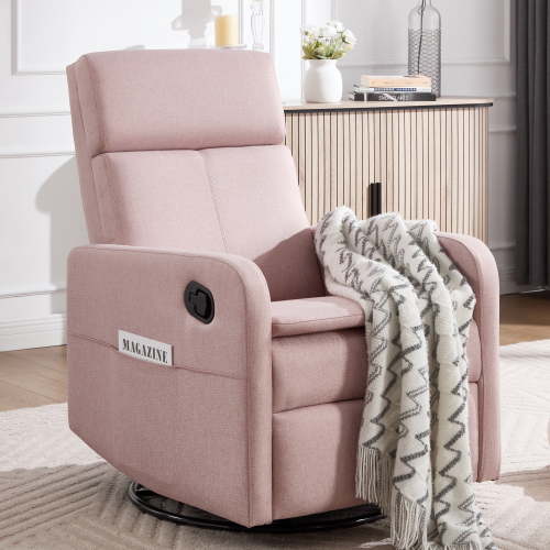 Ketaiyou Swivel Rocking Recliner Chair for Adults, Nursery Glider Chair with Adjustable Headrest, Pink