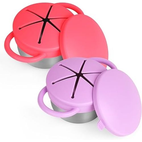 2 Pack Snack Cups for Toddlers Spill Proof - Detachable Stainless Steel Toddler Snack Cups with Silicone Lids & Handles - Dishwasher Safe Baby Snack Containers for Mess-Free Snacking (Red and Purple)