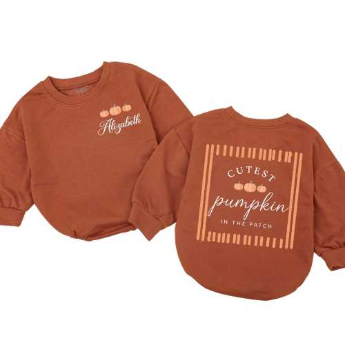 Personalized Fall Baby Bubble Romper, Custom Name Baby Outfit, Cutest Pumpkin in the Patch, Halloween Infant Bodysuit Size 0-24M