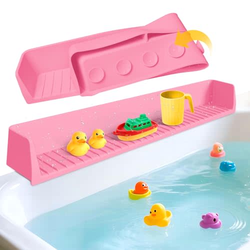 Splash Guard for Bathtub Kids - Silicone Bath Tub Play Shelf, Pink | Bathtub Splash Guard with 11 Suction Cups, Toy Holder, Prevent Water Spill in Bathroom, Fun Bath Time for Toddlers Baby