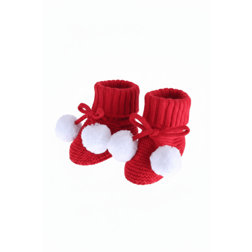 Knit Pom Pom Baby Booties in Red | Caden Lane