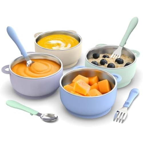 Baby Suction Bowls 4-Pack, 2-in-1 Stainless Steel 304 Toddler Bowl & Removable Silicone Suction Kids BowlNon Toxic Snack Container for Food Feeding, Twilight Meadow