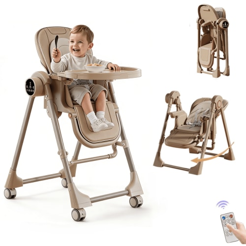 Electric Baby High Chair Portable Infant Feeding Chair with Touch Panel for 0 to 4 Years One-touch Storage Unisex Khaki